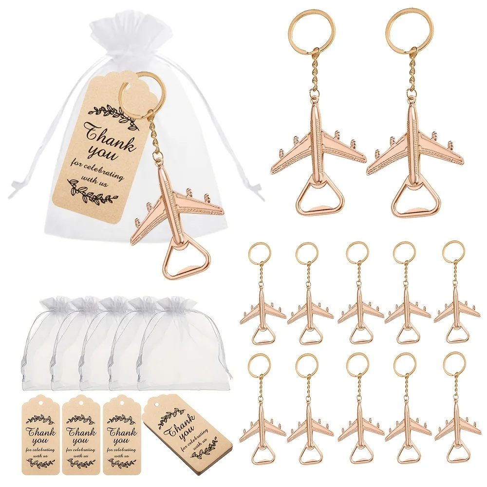 12 Sets of Airplane Bottle Opener Keychain Keyring for Wedding Favors Bridal Shower Gifts for Guests Baptism Souvenirs