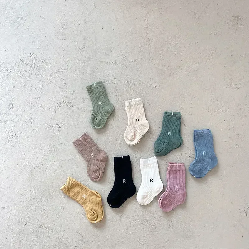 1 Pair Baby Sock Korean Simplicity Solid Color Letter R Short Sock for Toddler Boy Girl Spring Autumn Cotton Sock for Kids