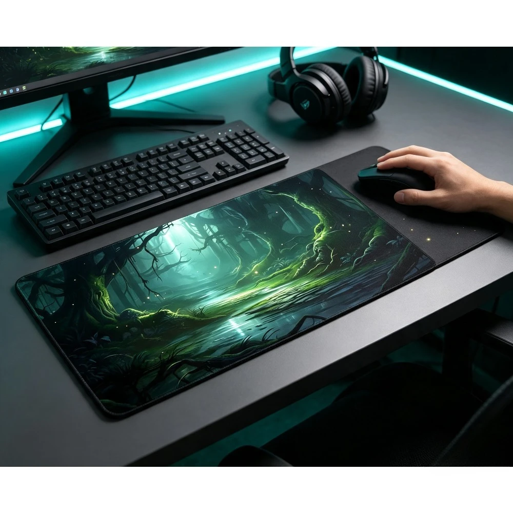 Mystic Swamp Forest Pattern Play Mat Durable Office Deskpad Parties Gathering Card Game Mat Non-slip Keyboard PC Gaming MousePad