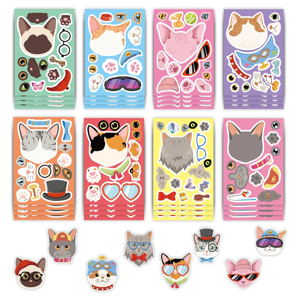

8/16Sheets Cute Animal Cat Cartoon Puzzle Stickers Cute Children DIY Color Puzzle Education Stickers Kids Funny Toys Gift