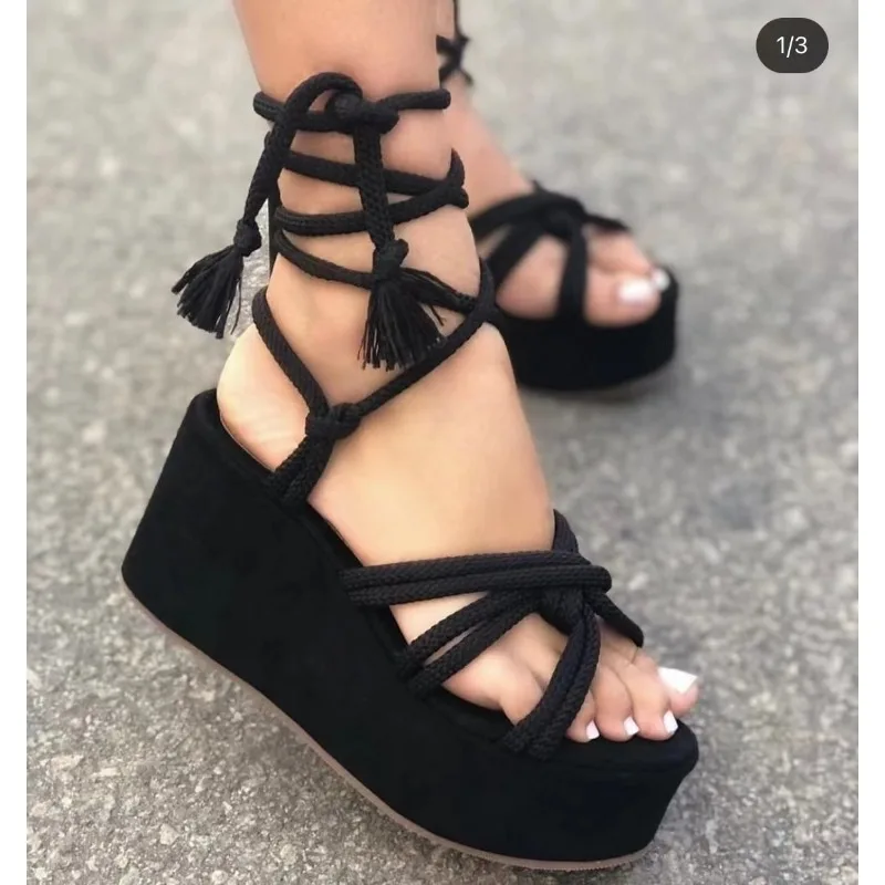 Shoes Woman Trend Summer Platform Wedge Sandals for Women Fashion Round Toe Cross Tied Height Increase Open Toe Femme Sandal