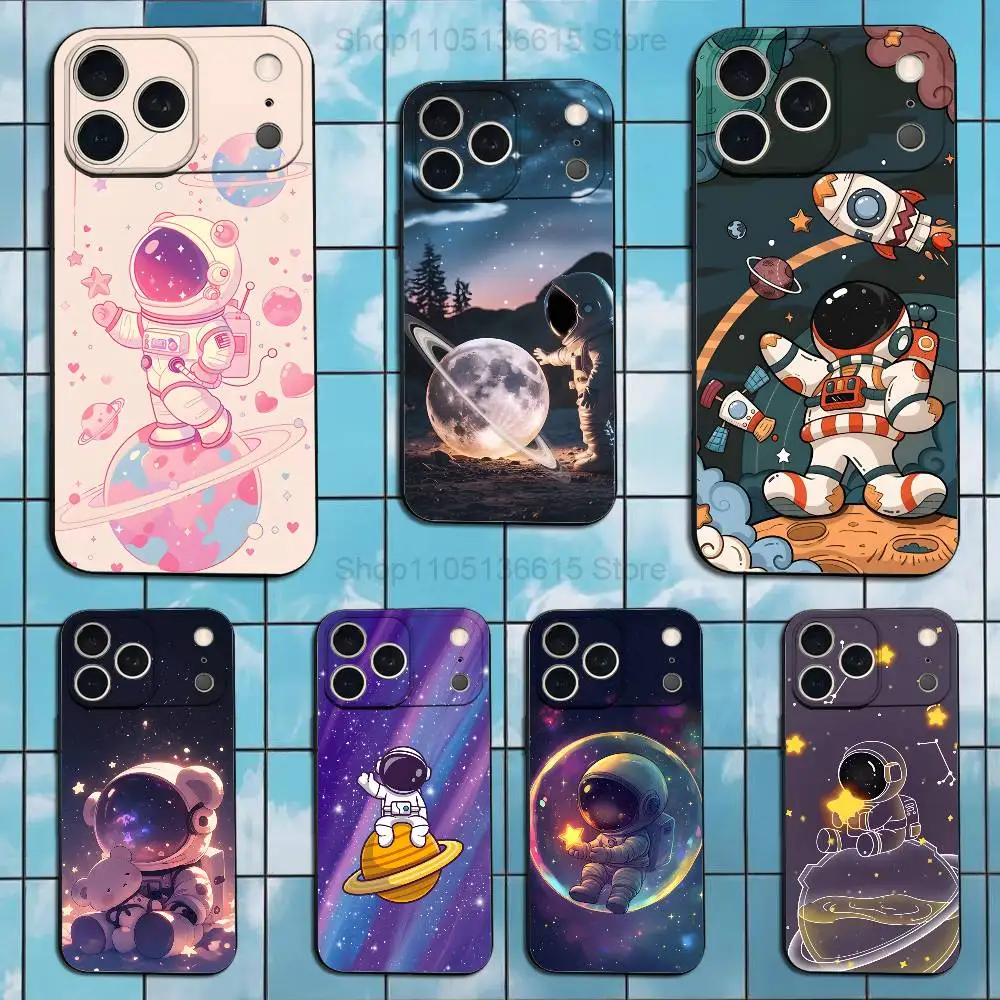 

Cartoon Astronaut Space Phone Case For iPhone 17,16,15,14,13,12,11 Plus,Pro Max,XS,X,XR,SE,Mini,8,7,Soft Silicone Black Cover