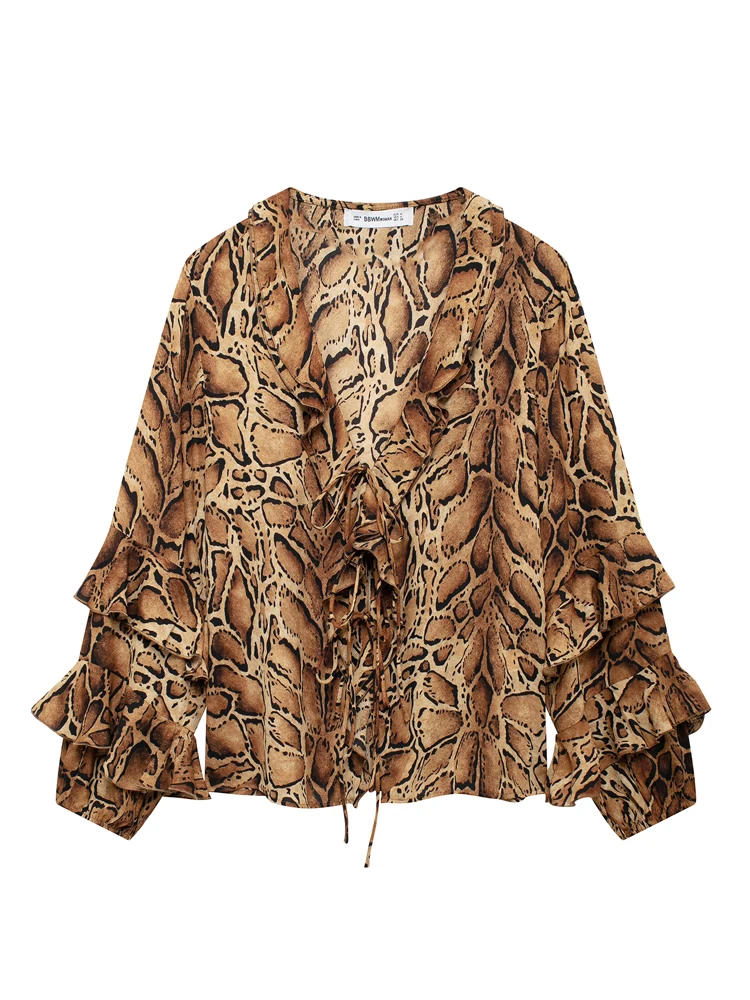 KAOPU ZA Women with tie animal print ruffled shirt vintage v-neck long sleeves button-up female blouses blusas chic tops