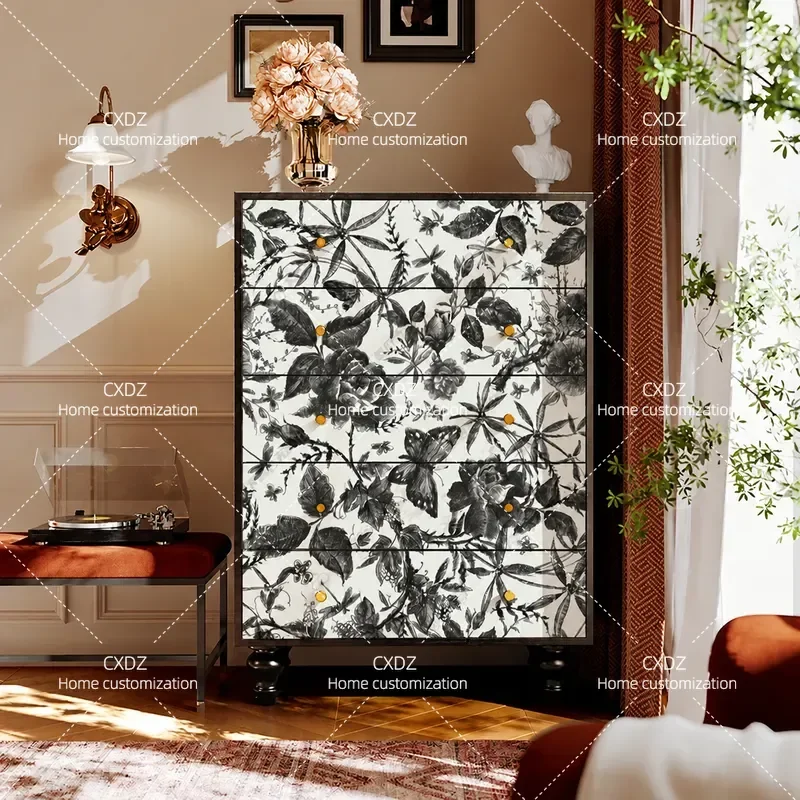 Solid wood locker painted five-bucket six-bucket cabinet Chinese flower and bird picture living room sofa bedside French