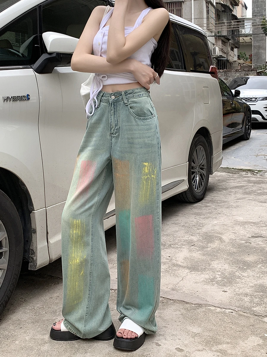 

Benuynffy Y2K Vintage Graffiti Wide-leg Jeans Women's High-waisted Loose Harajuku Hip Hop Streetwear Baggy Denim Pants 2024 New