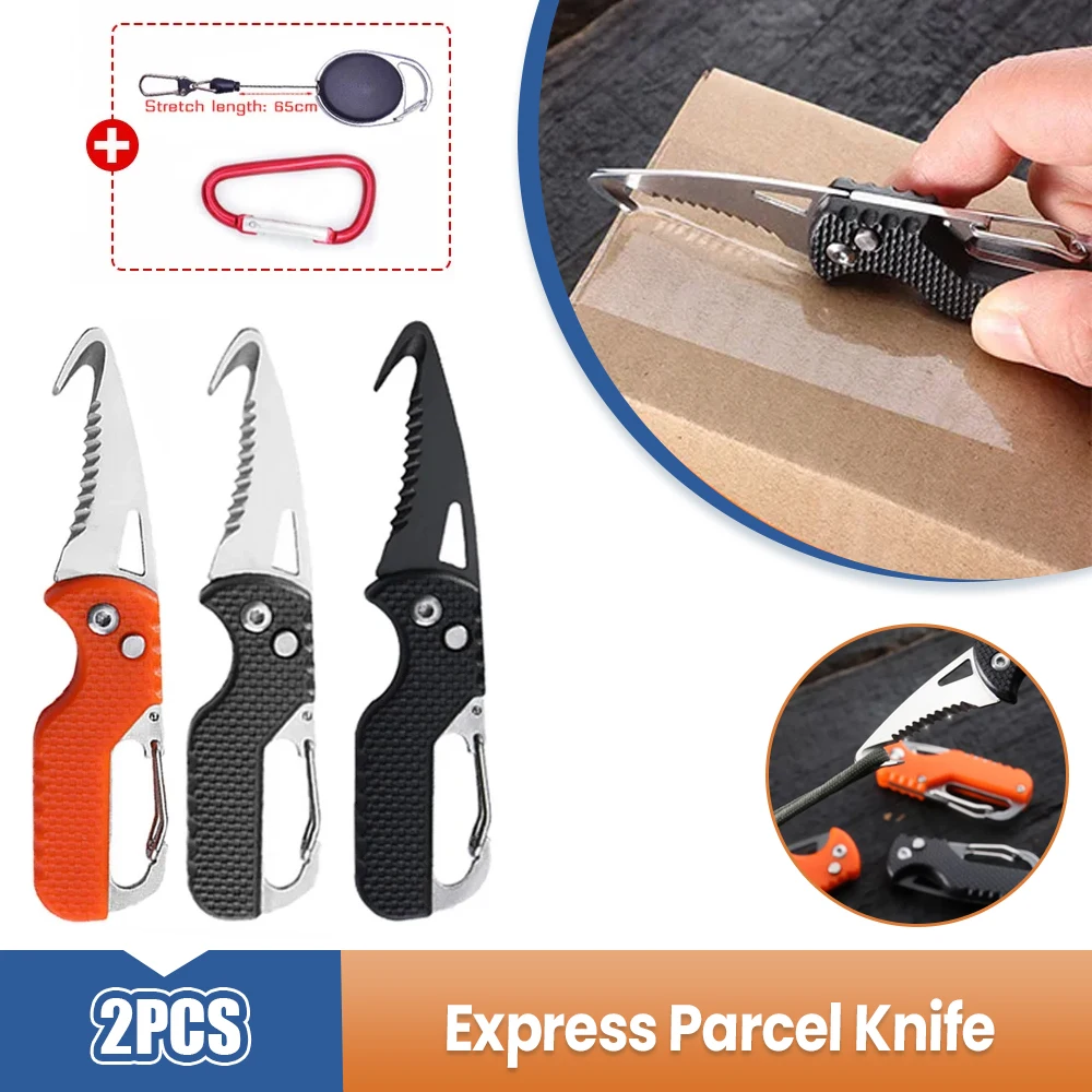 2Pcs Portable Folding Knife Express Parcel Knife Keychain Serrated Hook Cutter Outdoor Camping Carry-on With Hook Up Knife Sets