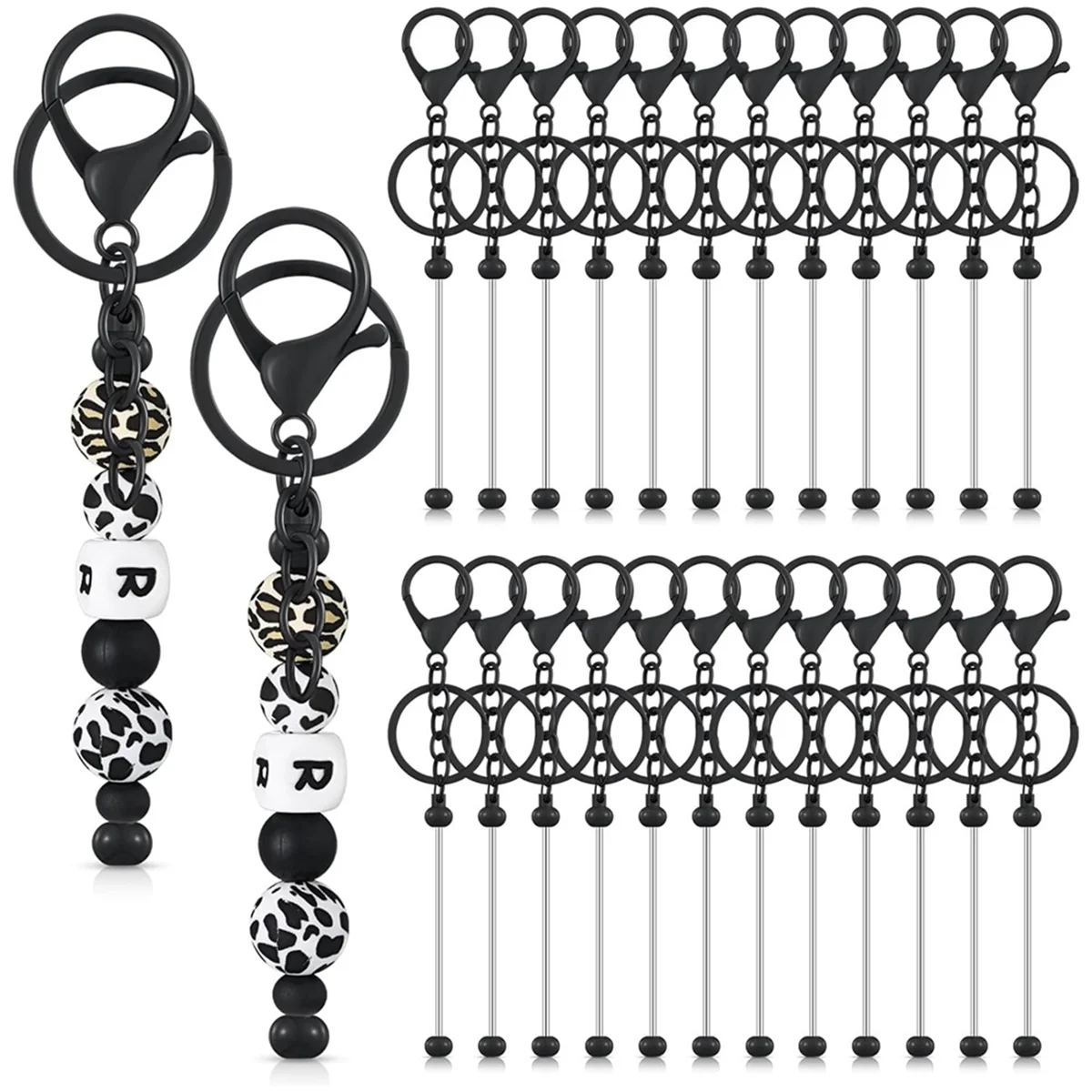 ABP-24 Pcs Beadable Keychain Bars Bulk for Beads DIY Blank Keychain Metal Beaded Keychain for Bead Keychain Crafts Black