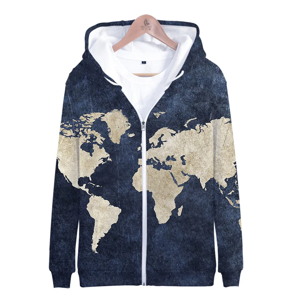 Sudadera con capucha con estampado 3d de World Atlas para hombre y mujer, ropa deportiva de moda Hip Hop con cremallera, chaquetas de manga larga con capucha Harajuku, Tops