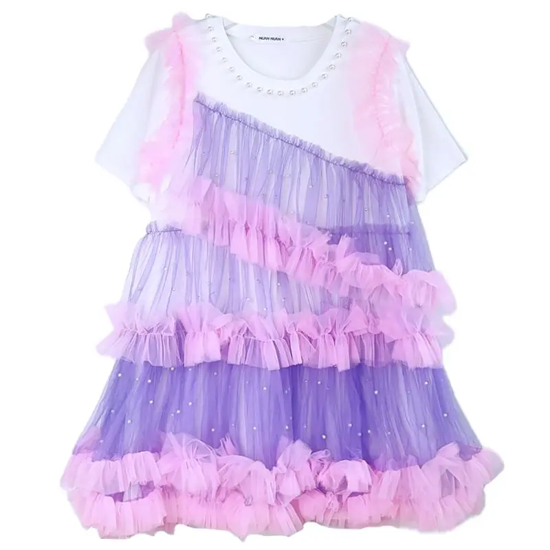 女性ピンクパープルコントラストカラーレーススプライシングフリルエッジ Tシャツメッシュパッチワーク蓮真珠ビーズ Tシャツガーゼプリーツドレス