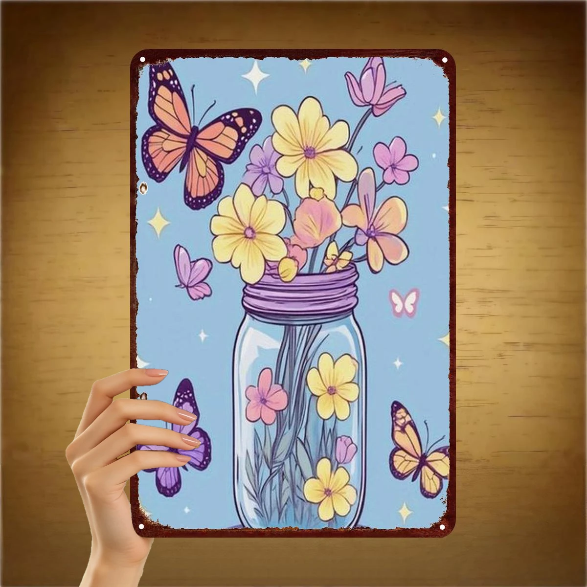 2D Flat, 2D Flat 1pc, Whimsical Butterflies and Flowers in Mason Jar Iron Wall Art – Vibrant Spring Decor for Home or Gift 8×12