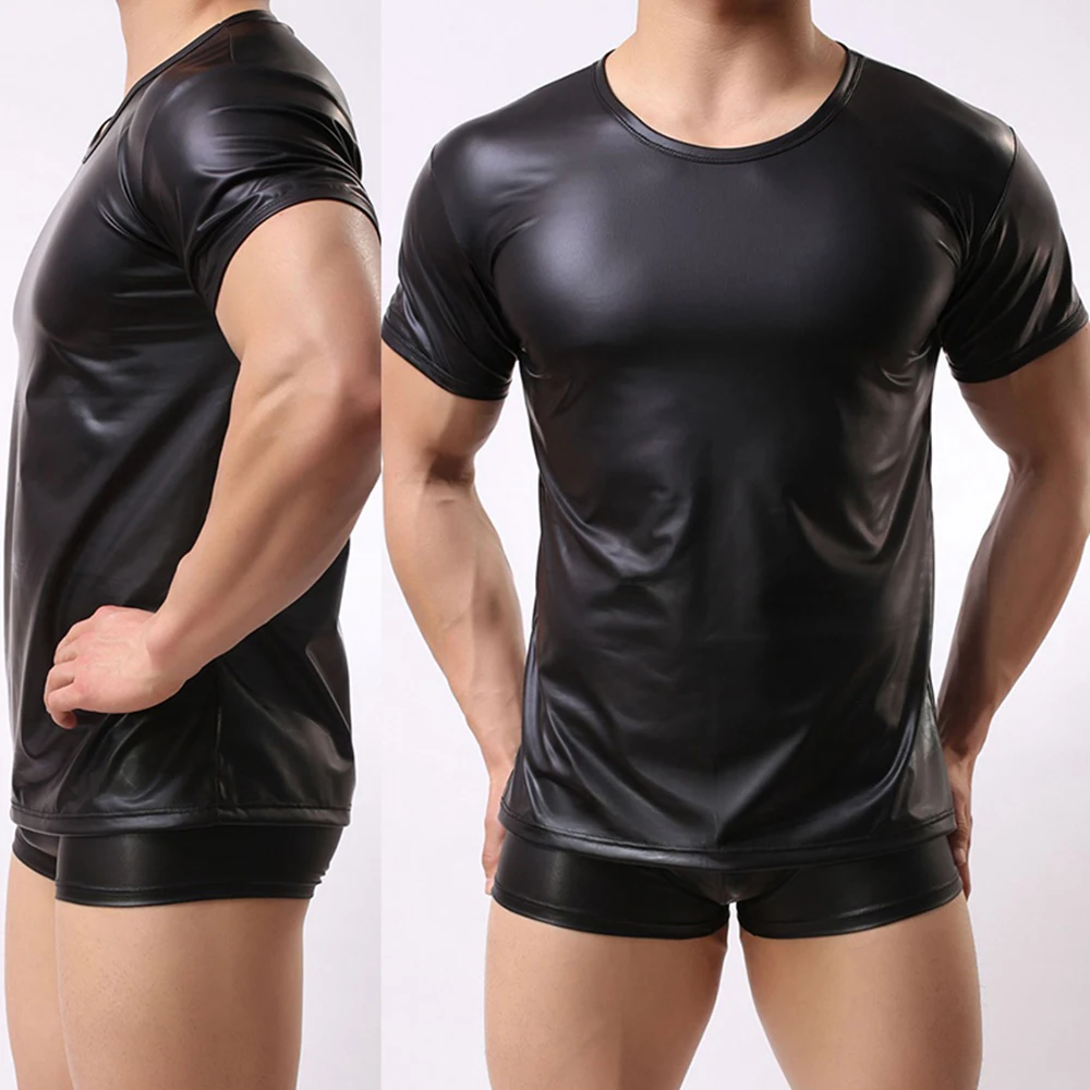 New S-2XL Fashion Men T-Shirts Tops Sexy Shirts Slim Fit Stretch Tee Tights Faux Leather Party Round Neck Black