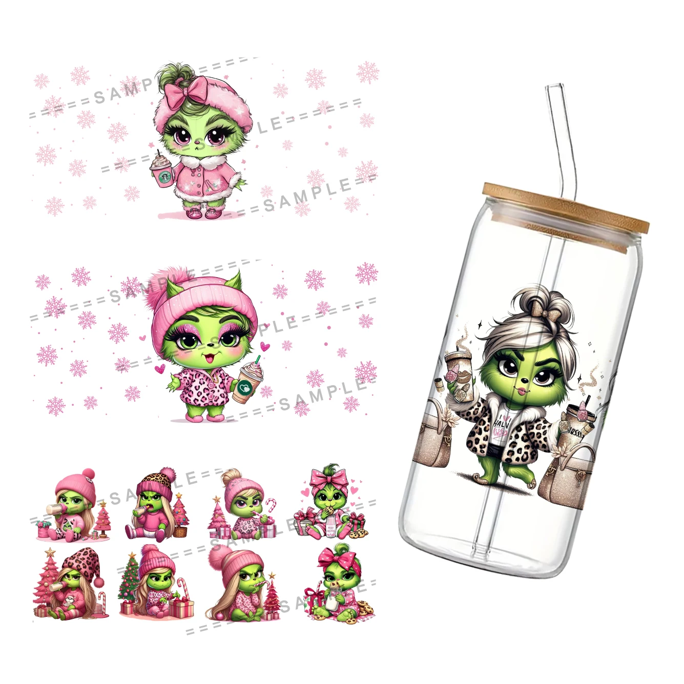 Nieuwe Mode Kerst Cartoon Voor Libbey 16Oz Kan Glas 3d Waterdichte Uv Dtf Koffie Kan Verpakken Libbey Glas Wrap