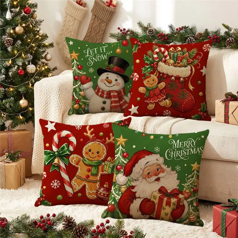 VIKAMA Christmas Pillow Cover Soft & Skin‑Friendly Gingerbread Man Candy Cane Pattern Cushion Case for Sofa Office Home Decor