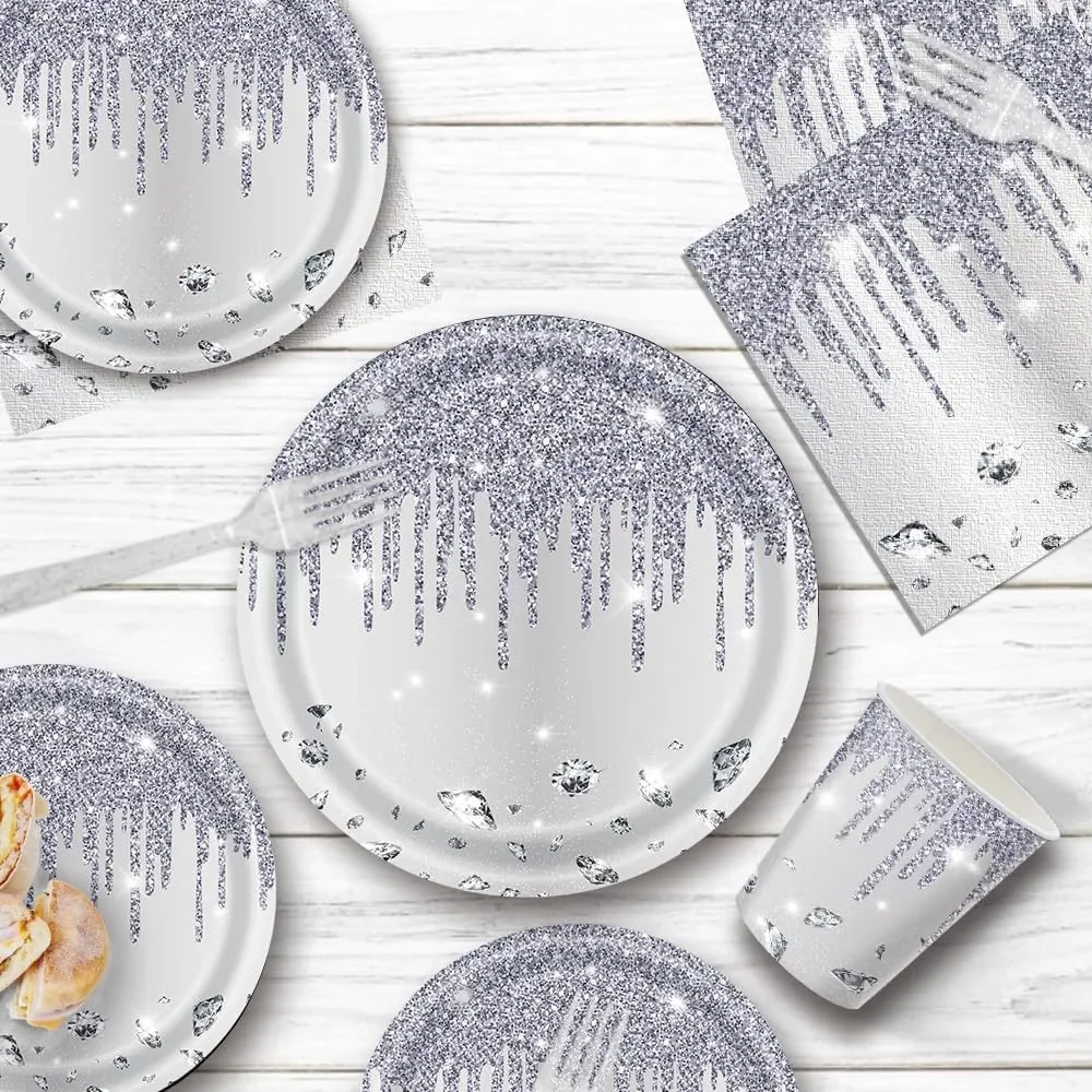 10Guests Silver Shiny Diamond Disposable Tableware Wedding Paper Plate Cups Napkin Happy Princess Birthday Party Decor