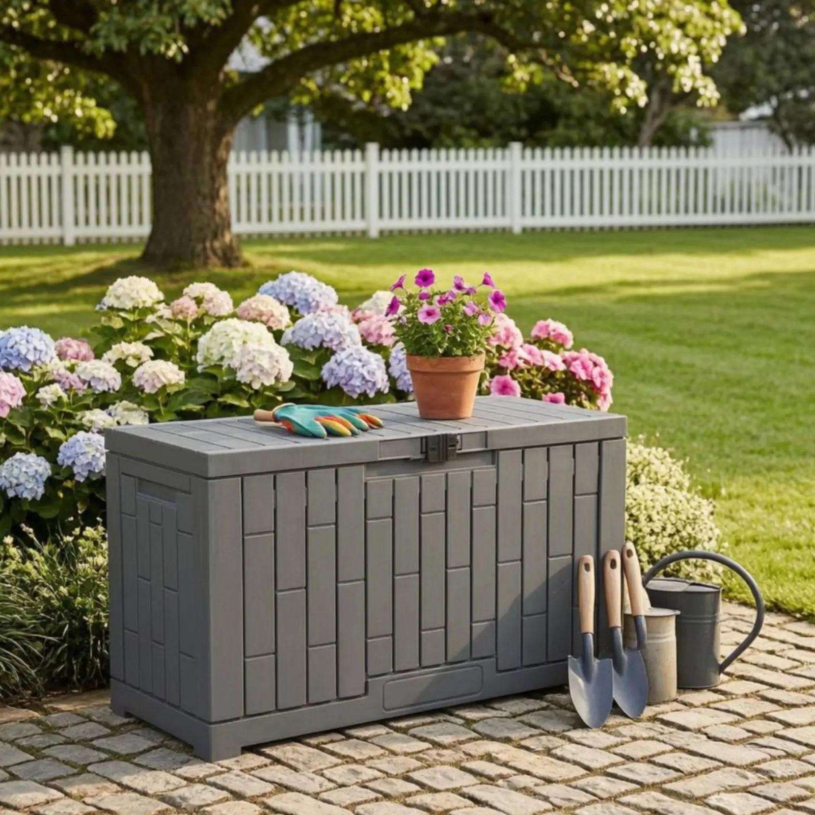 Resin Deck Box Rectangular Outdoor Storage Box Lockable Storage Container Hinged Lid Paneled for Garden, Poolside view 4