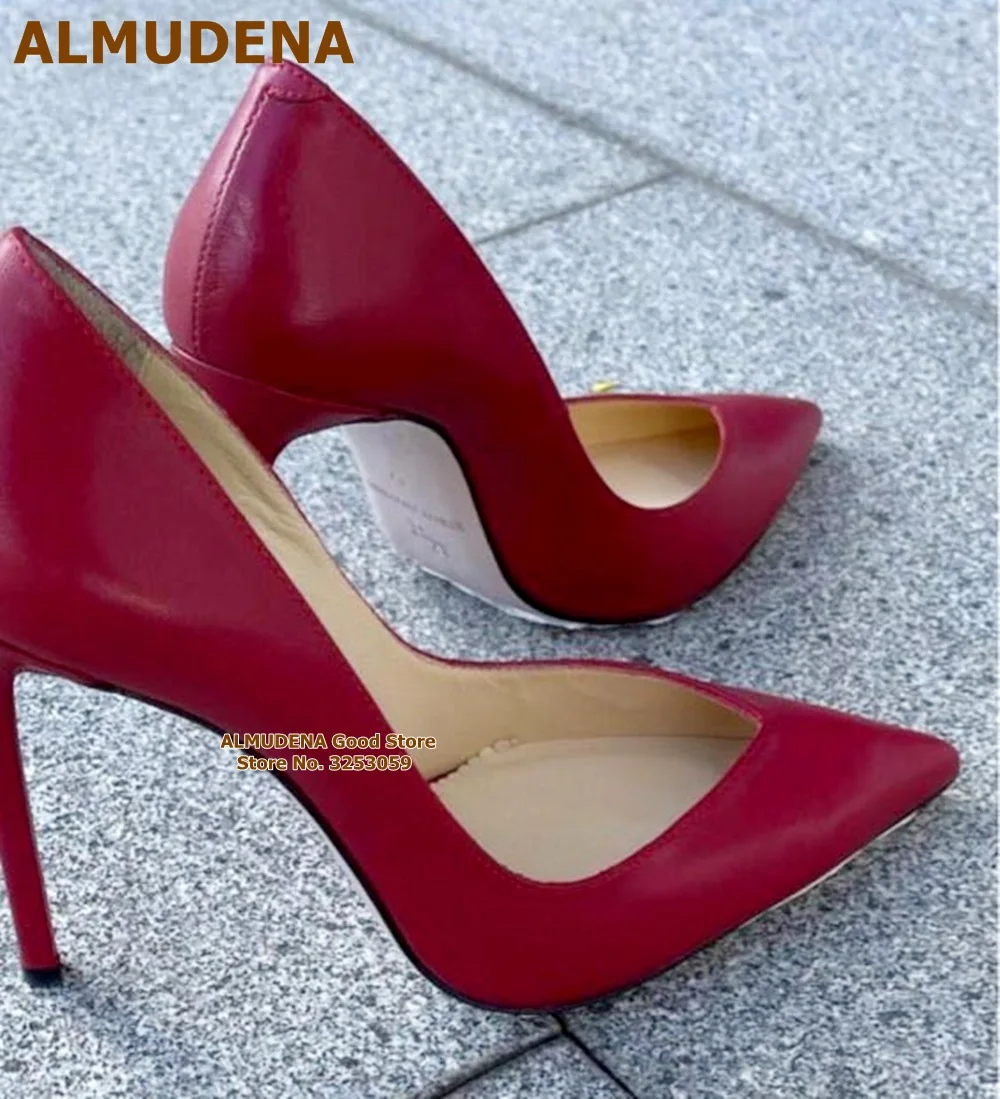 

ALMUDENA Wine Red Matte Leather High Heel Shoes Pointed Toe V-cut Shallow Dress Pumps 12cm 10cm 8cm Burgundy Banquet Stilettos