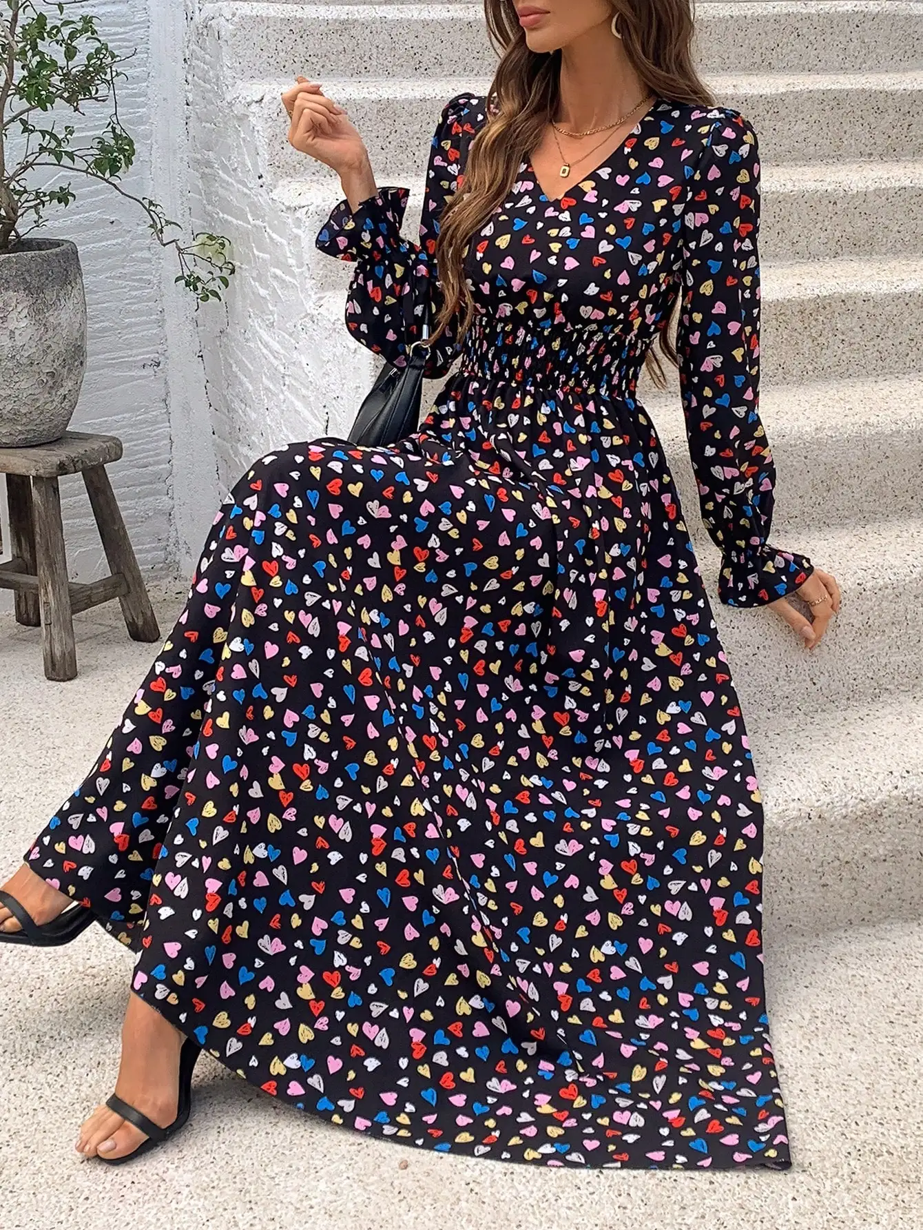

Women's Multicolor Heart Print V-Neck Shirred Waist Maxi Dress with Flared Sleeves