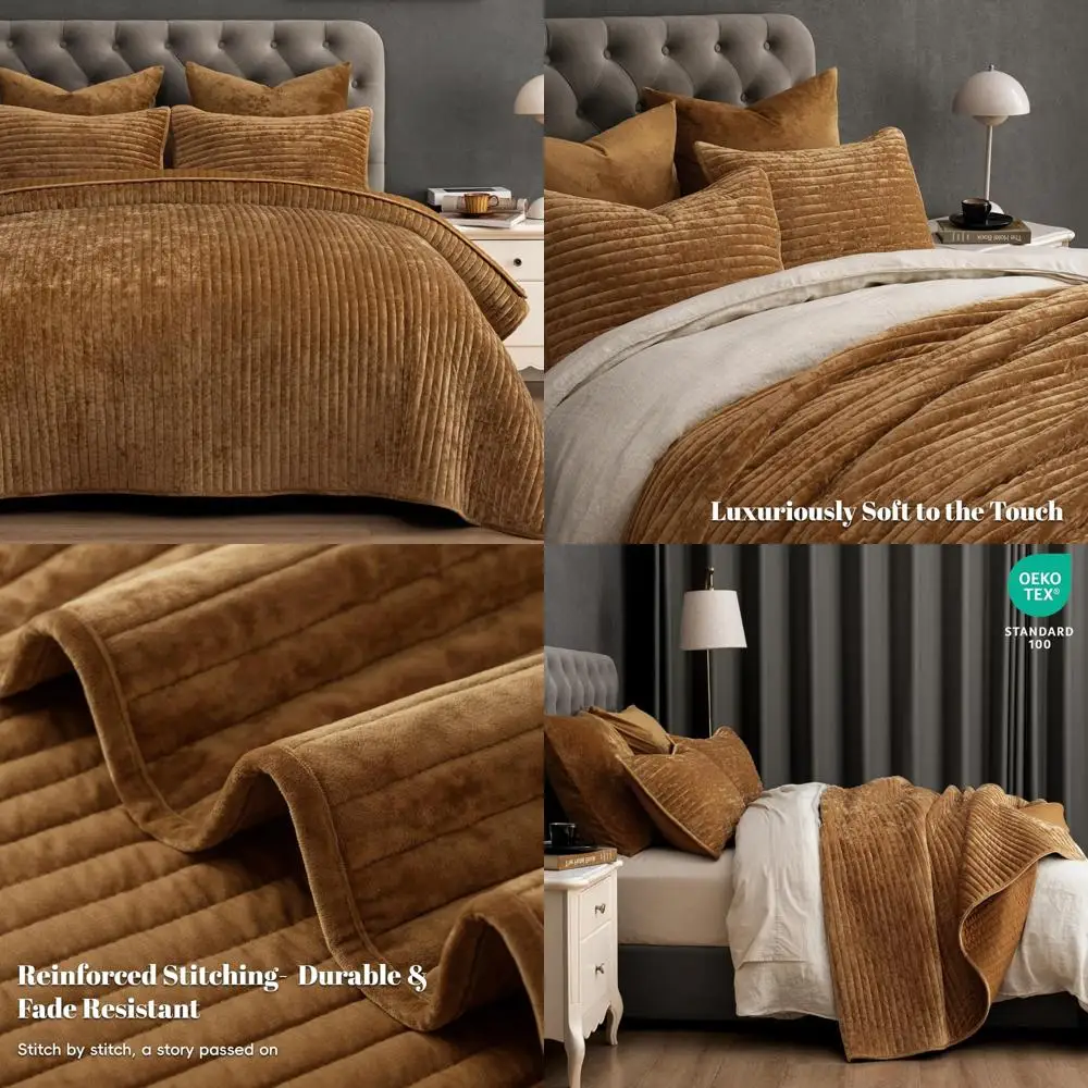 

Luxury Velvet Quilt Set King Size - 3-Piece Ultra Soft Striped Channel Quilted Bedspread, Cozy Bedding, Heirloom Quality Gift, 1