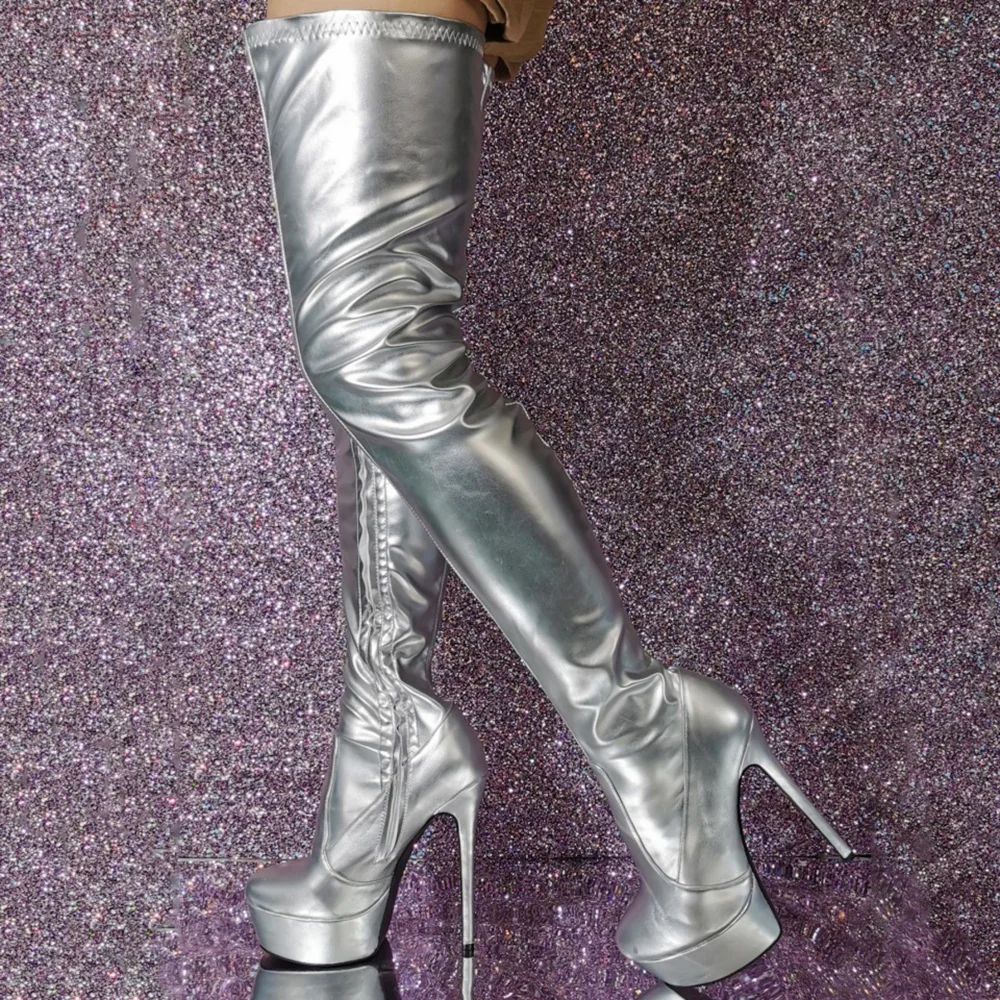 

Large Size 47 Women Silver Side Zipper Long Boots Extreme Slim Heels Platform Over The Knee Booties Pole Dancer Shoes