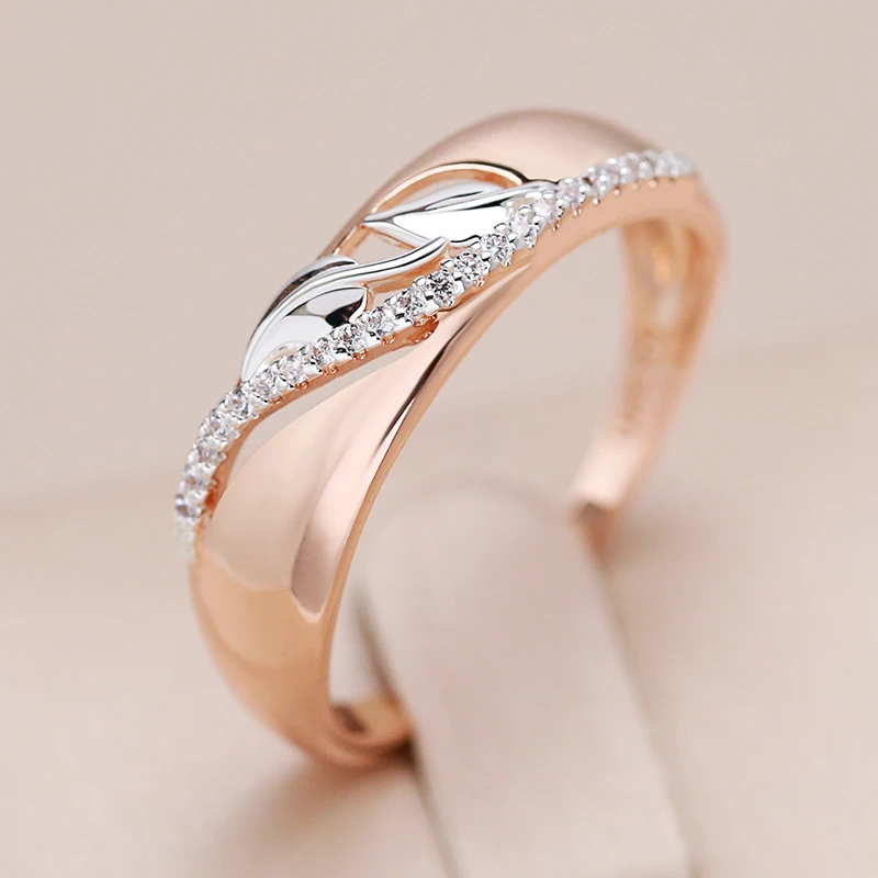 Kinel Hot Vintage Natural Zircon Leaf Rings for Women 6mm Wide 585 Rose Gold Silver Color Mix Ethnic Bride Wedding Jewelry