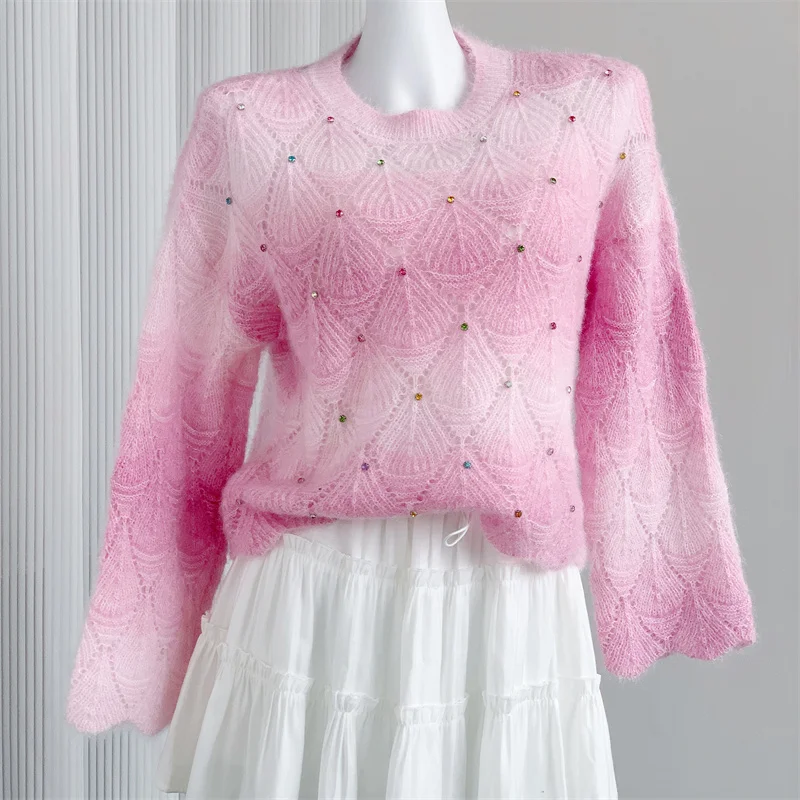 

Допамин мохер градиент тяжелая промышленность маникюрный свитер для женщин осень зима новый напущенный стиль свободный круглый вырез трикотажный топ