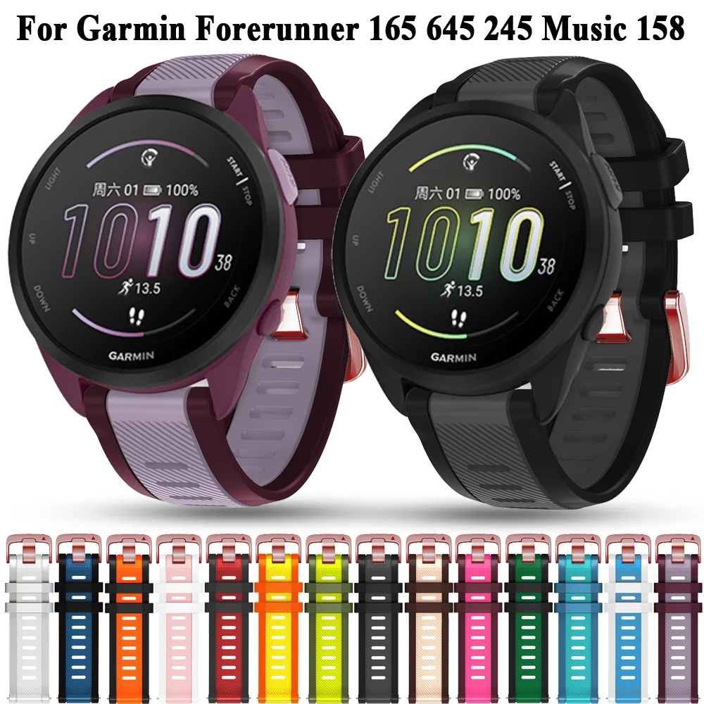 สายซิลิโคน20มม. สองโทนสำหรับ Garmin Forerunner 165เปลี่ยนเพลงกีฬาข้อมือสำหรับ Forerunner 165 245สายนาฬิกา645