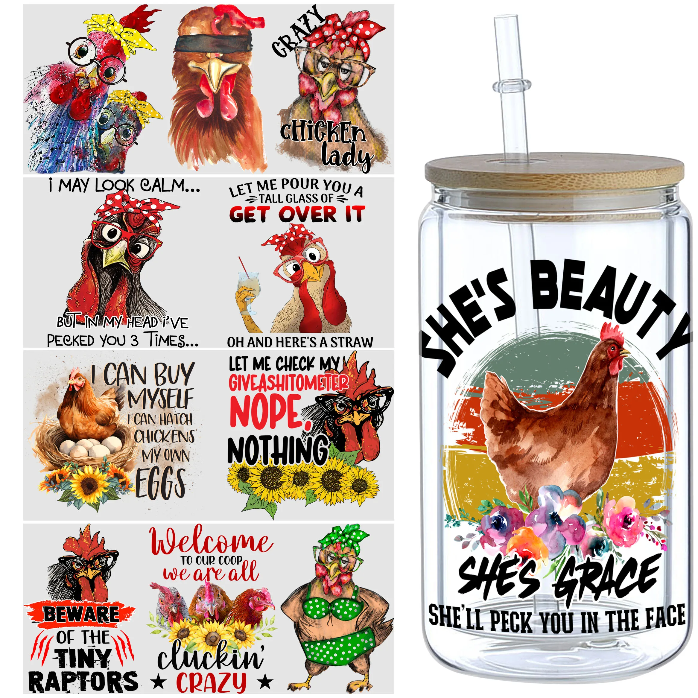 5 Sheets chicken UV DTF Cup Wrap,Sport DTF Transfer Stickers for Glass Cup,Waterproof funny chick Rub on Transfers