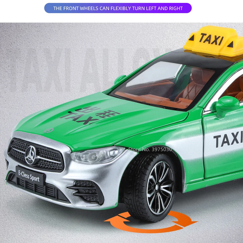 1:24 Benz E300L Taxi Cars Models Toys High Simulation Alloy Miniature Vehicles Sound Light Pull Back Collection Kids Gifts