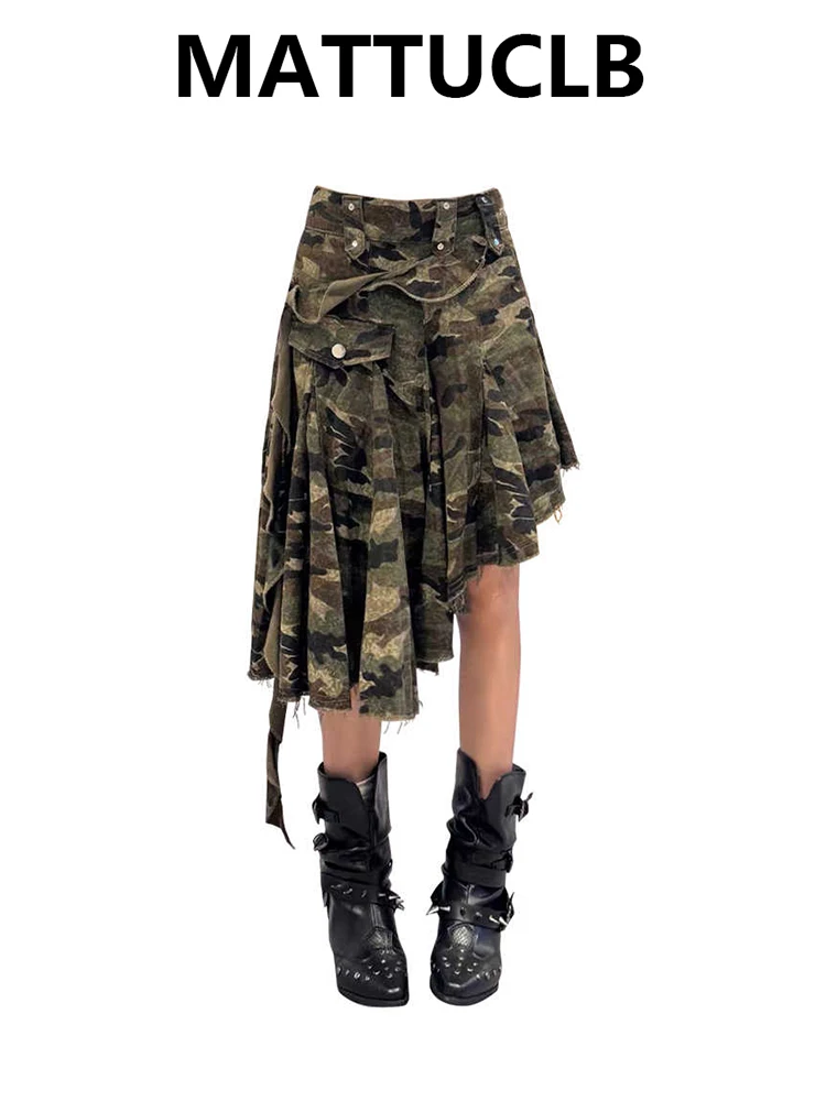 Women Jean Skirt Midi American Retro Camouflage Asemetrical Skirt Coquette Gyaru 2000s Y2k Design Cyber Punk Harajuku Japanese