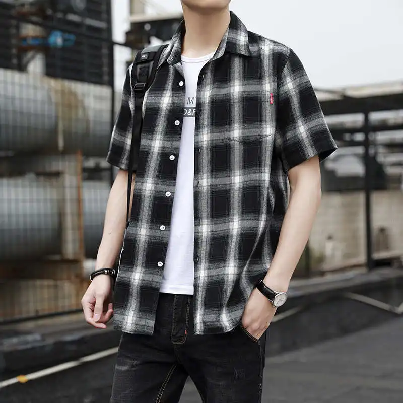 

Loose Plaid ort Sve irt Teenager Youth Summer Cotton Plain Collar Zipper Closure Stand Fit irt Casual Wear