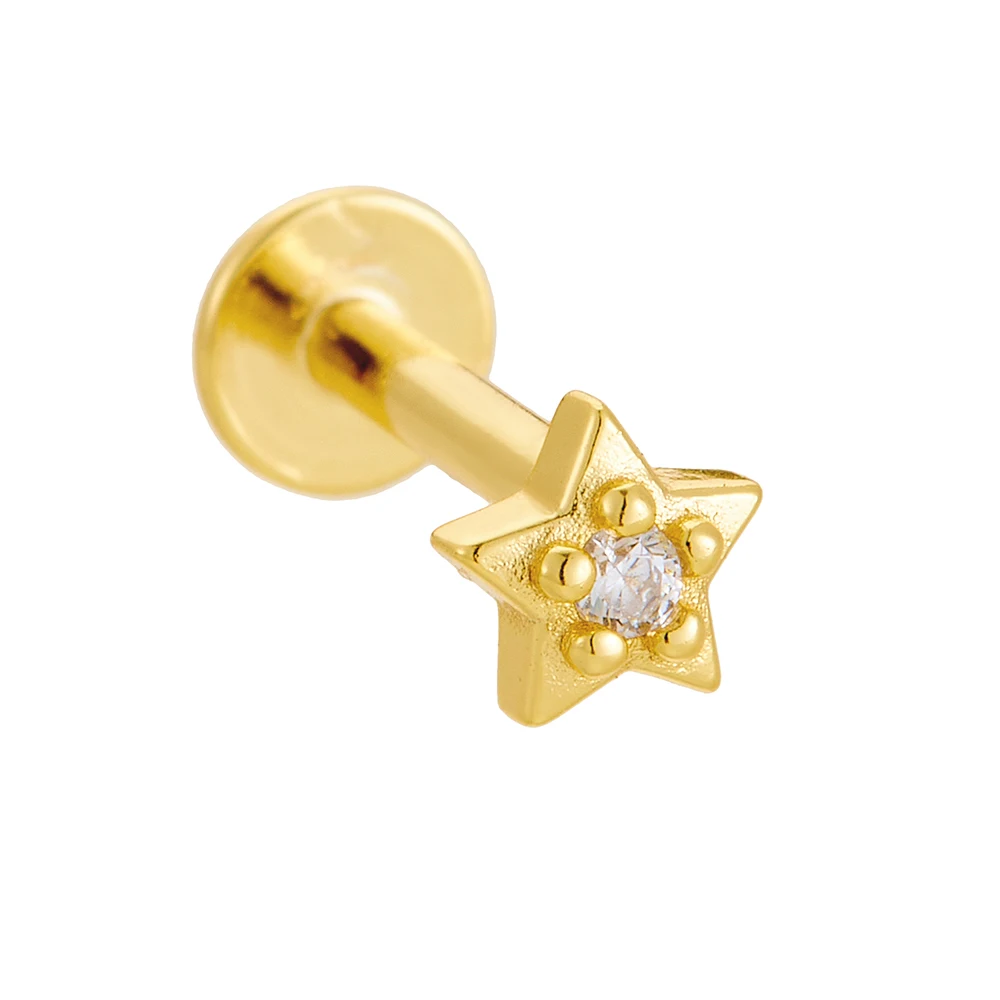 S925 Sterling Silver Geometric Star Embellished Fashion Flat Head Piercing Screw Thread Ear Bone Studs 14K Gold Plated Earrings