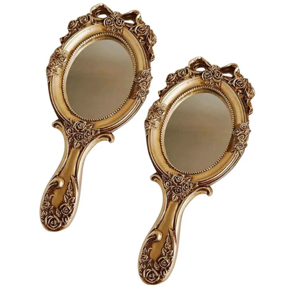 2Pcs European Retro Portable Handheld Mirror Vintage Makeup Compact Travel Mirror High Definition Reflection Vintage Mirrors