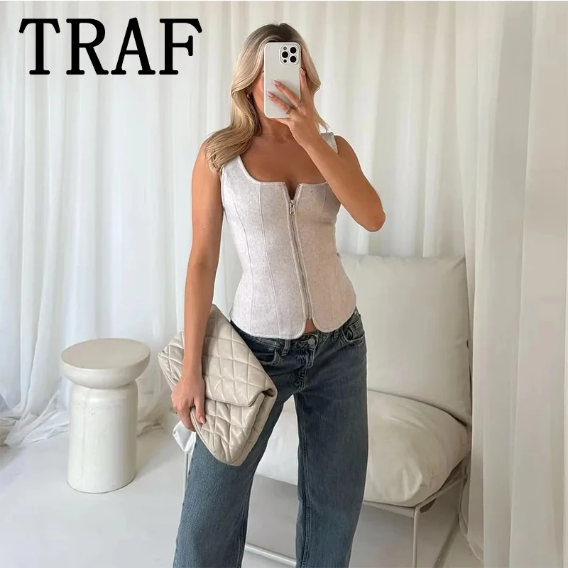 TRAF Casual Short Corsets Tops for Women 2025 Spring Slim Sleeveless Backless Tank Tops Fashion Zipper Sleeveless Cropped Tops ﻿