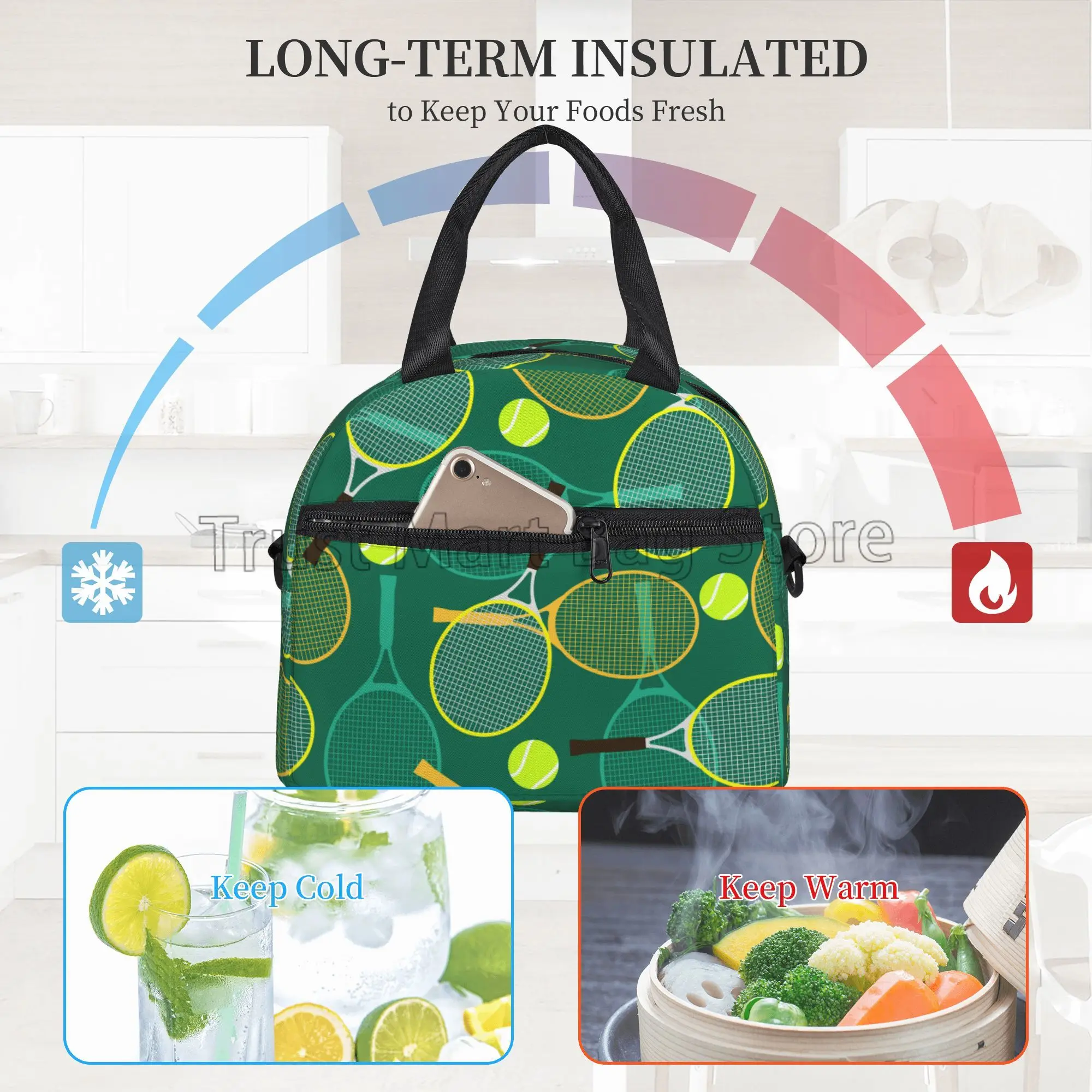 Tennis Rackets and Balls Insulated Lunch Bag for Travel Reusable Waterproof Thermal Bento Tote with Adjustable Shoulder Strap