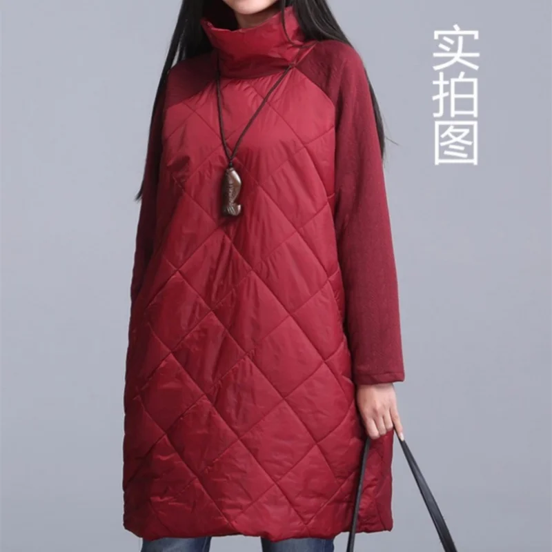 Autumn women dress long down winter ladies dress Patchwork Turtleneck down cotton jackets Female Vestidos