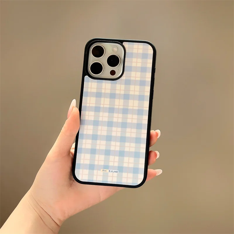 Korean Blue Plaid Pattern Phone Case For iPhone 16 Pro 15 13 14 Pro Max Cover with Cute Bear Stand Holder Hard Cases Lovely Capa