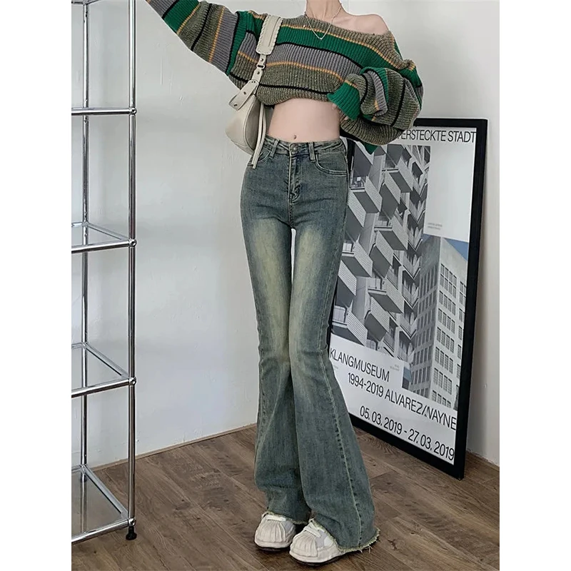 

GIDYQ Flare Jeans Women High Waist Slim Y2k Vintage Denim Trousers Raw Edge Mopping Harajuku Lengthen Korean Fashion Street New