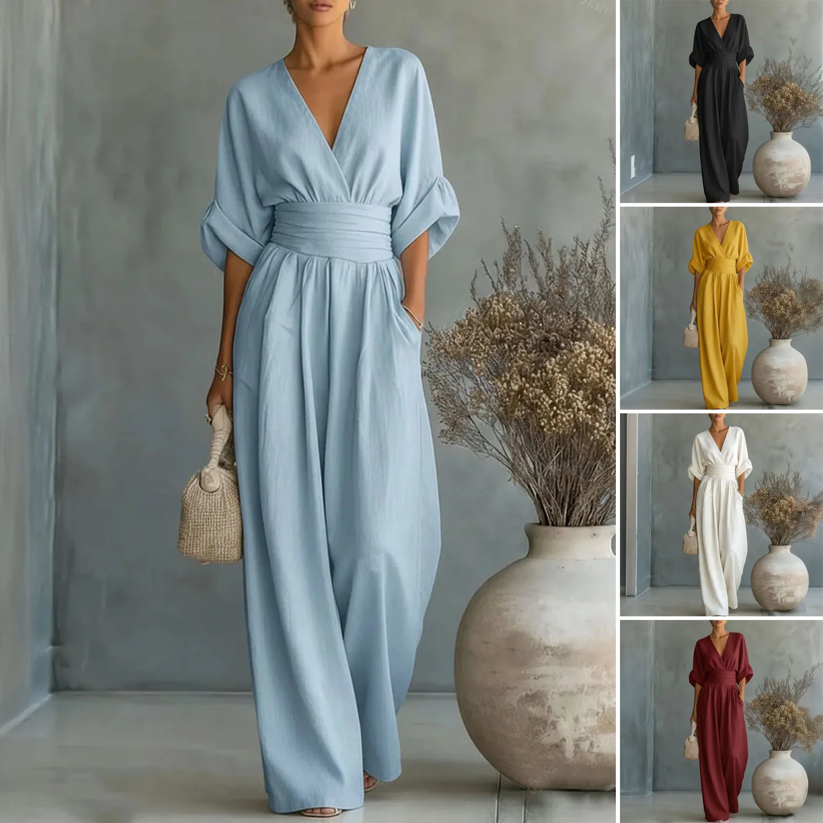 OL Style Solid High Waist Draped Jumpsuits Woman 2026 Spring V Neck Wide Leg Trousers Overalls Casual Half Sleeve Rompers Outfit