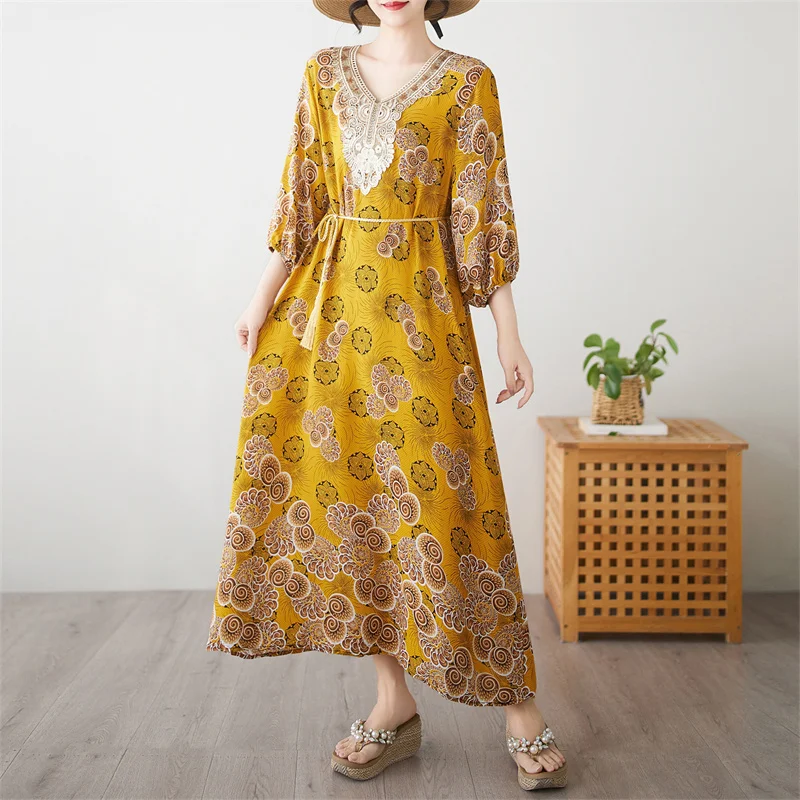 2025 New Casual Loose Lace Cotton Linen Dress Women Summer Printed Boho Beach Long Dress