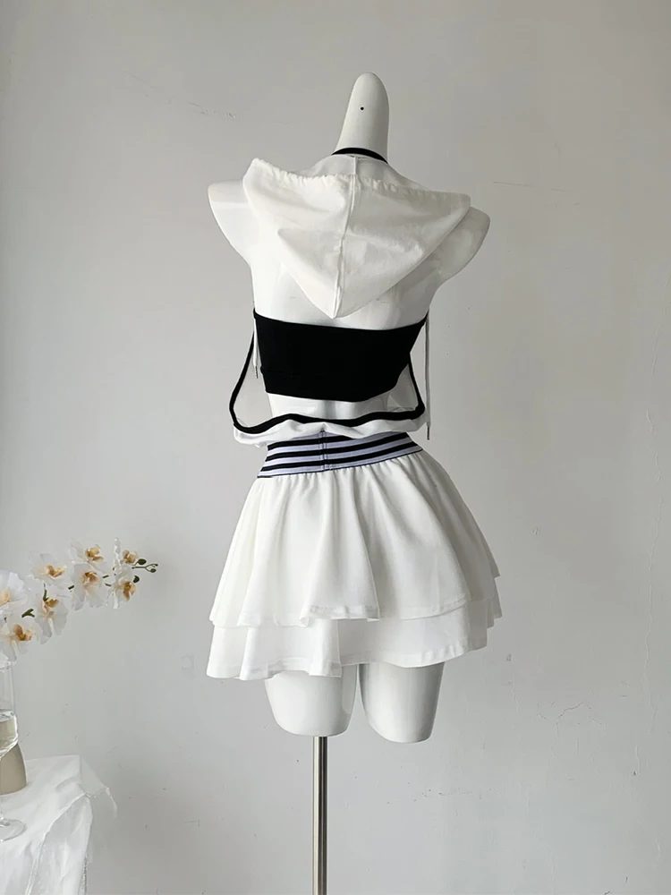 Summer American Style Punk Grunge Gyaru Mini Hoodies Dress Women 2000s Sleeveless Frock One-Piece Coquette Y2k Streetwear Design