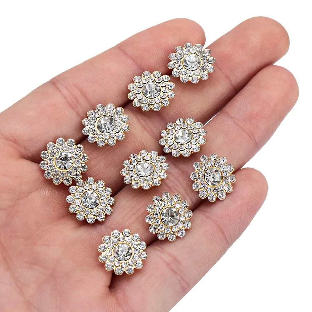 10PCS 14mm Flower-shaped Rhinestone Buttons Sparkling Crystal Glass Stone Steel Bottom Clothes Decoration Sewing Accessories