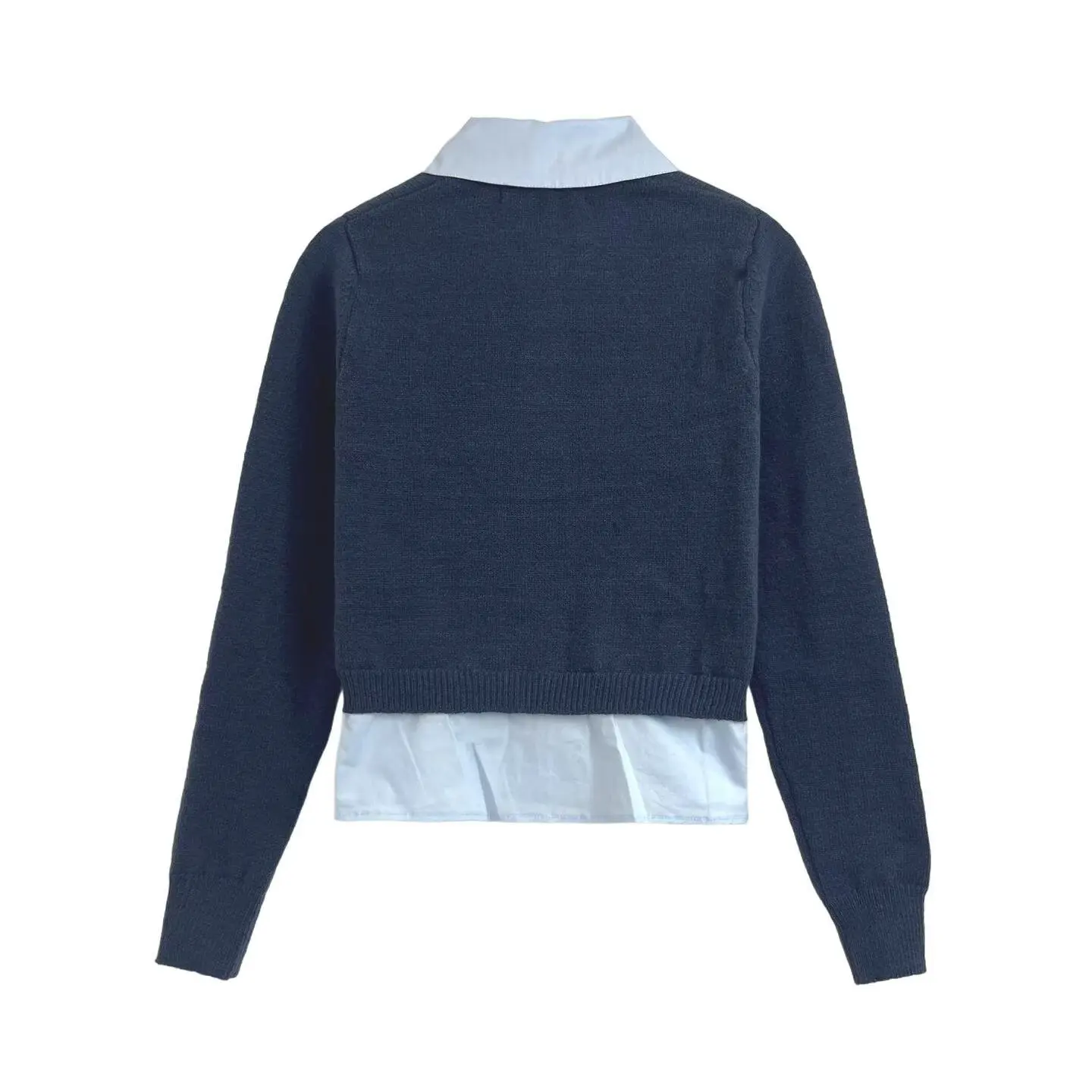 เสื้อสตรีแฟชั่นลำลองแบบคอปกโปโลตัดสีสไตล์สองชิ้นหลอกๆ ทรงสลิม แขนยาว ไม่มีปก