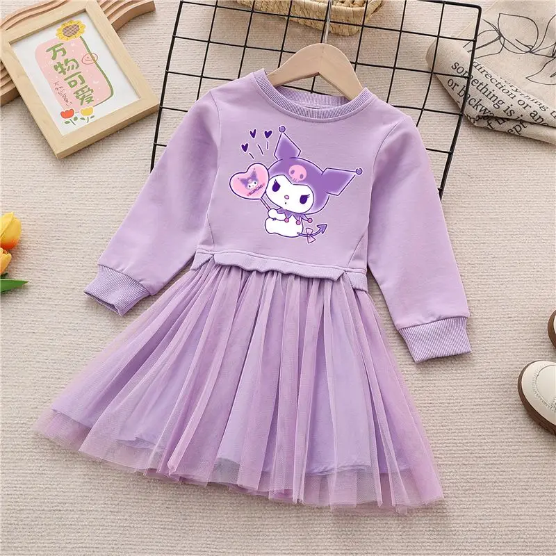 Sanrioed Kids Clothes Cartoon Kuromi Girls Long Sleeve Dress Anime My Melody Cinnamoroll Autumn Gauze Skirt Preppy Pleated Skirt