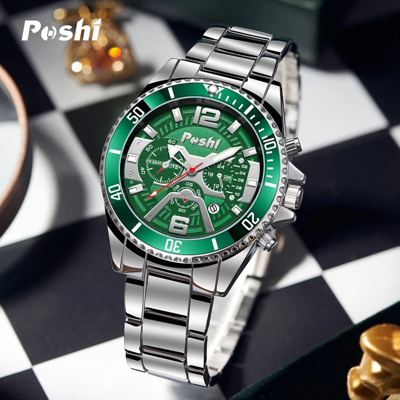 POSHI 968 Original Brand Quartz Watch Fashion Business Sport Man Watches Stainless Steel Luminous Points Men\'s Clock with Box