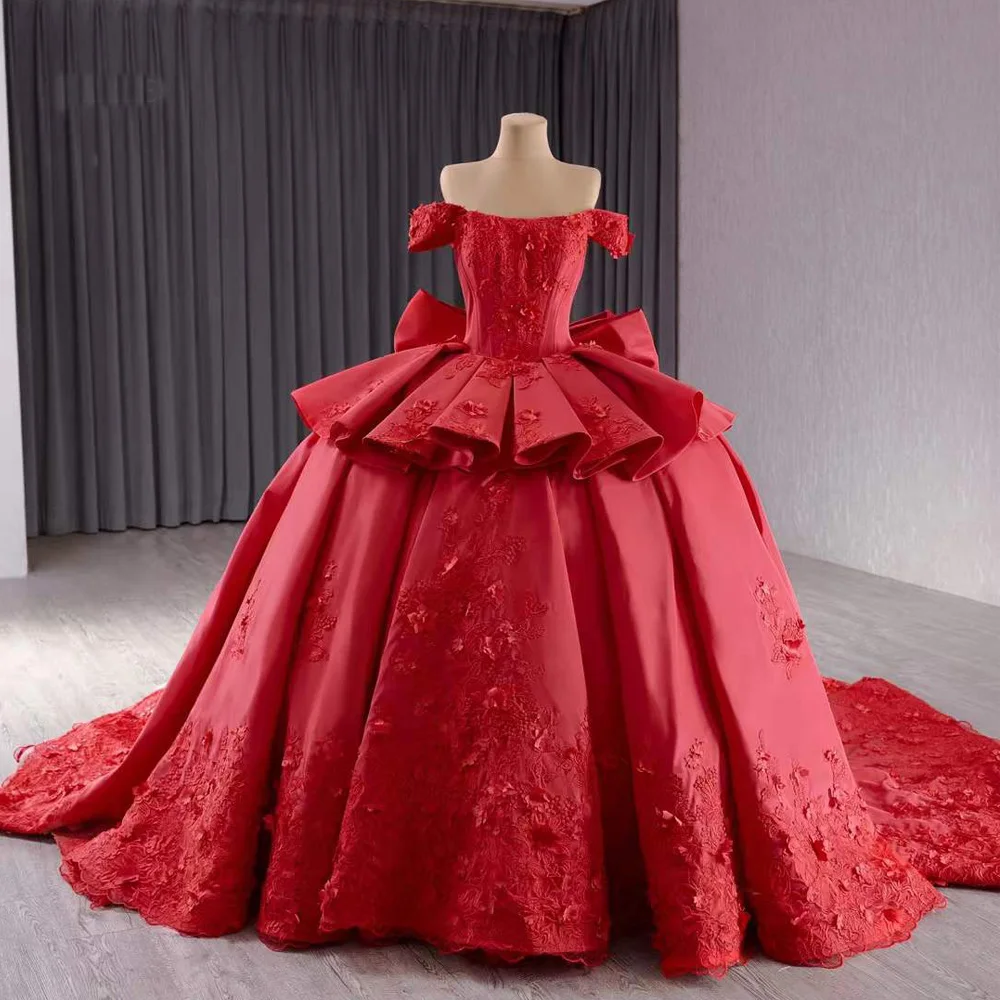 Vestidos Para Quinceañeras Luxury Off Shoulder Strapless Lace Up Back Red Flower Bow Long Evening Dress