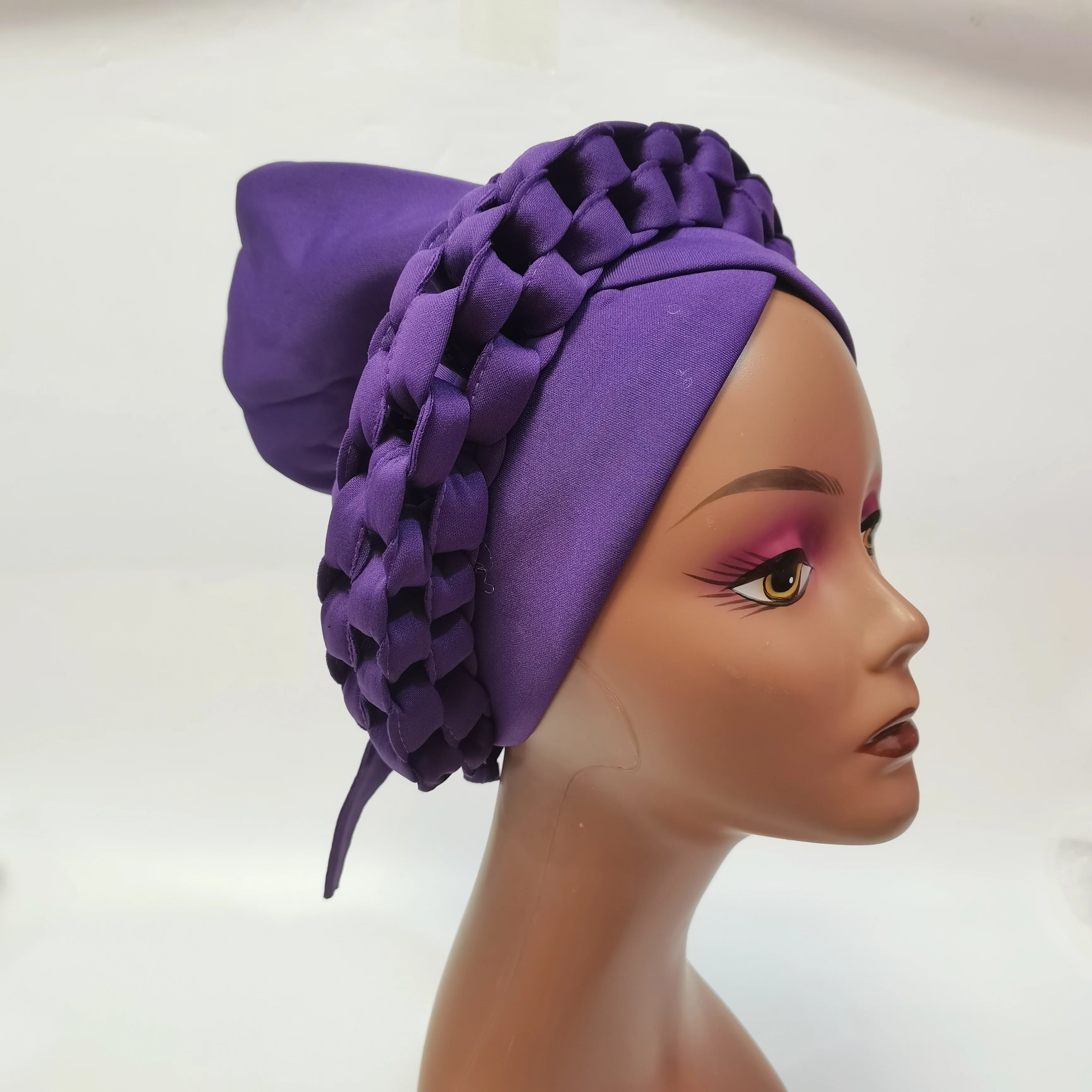 African Ladies Headtie Headwear with Beads Nigerian Head wrap already Made Auto Gele Headscarf for Party DM906-2