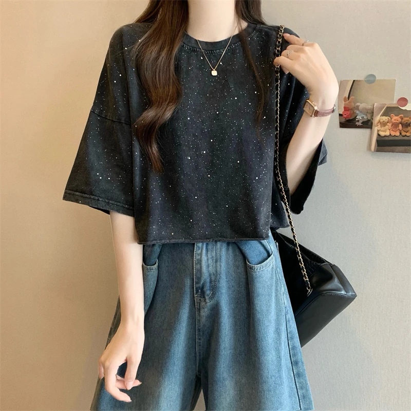 Vintage-Mode Diamanten Frauen T-Shirt 2025, vielseitig, lose O-Ausschnitt, halbe Ärmel, bauchfreie Tops, neuer koreanischer Stil, schwarze T-Shirts