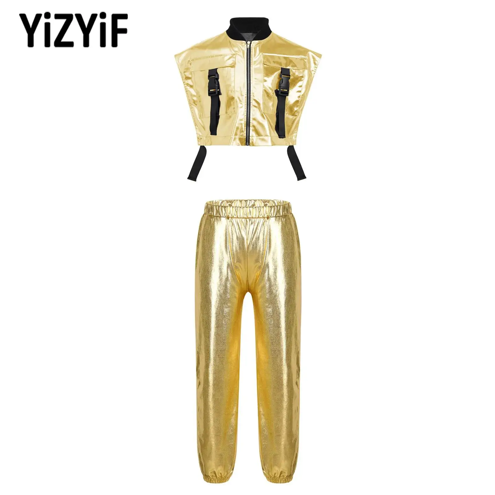 

Детский костюм для джазовых выступлений для девочек, танцевальный наряд, металлический жилет без рукавов на молнии + брюки, комплект из 2 предметов для музыкальных вечеринок и клубов