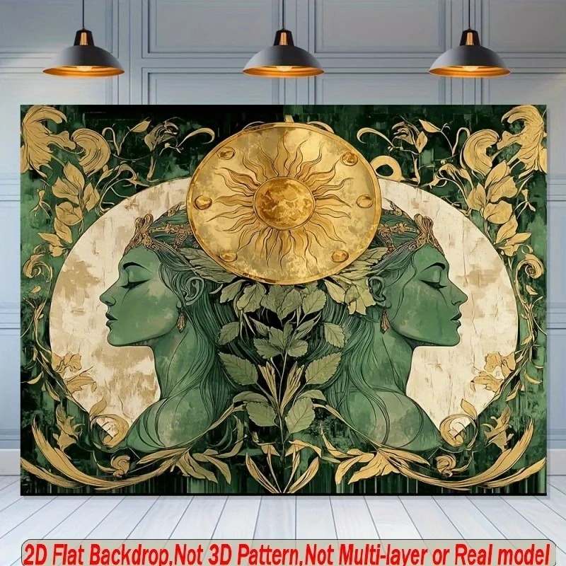 Art Nouveau Goddess Tapestry, Green Floral Wall Hanging, Vintage Sun Moon Decor, Boho Bedroom Blanket, Aesthetic Gift
