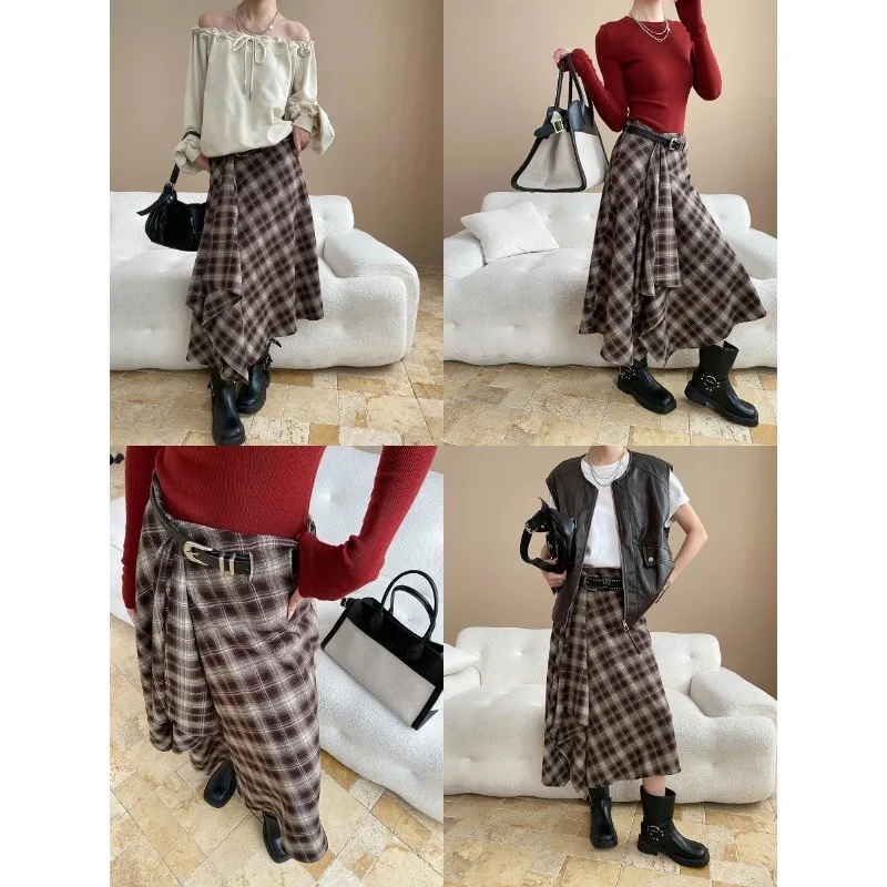 Fashion Vintage British Style Irregular Color Collision Plaid High Waist A-line Long Skirt Women Autumn Winter Chic Maxi Skirt